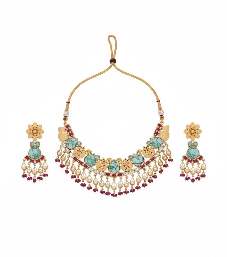 Turquoise Pearl Gold Necklace Set